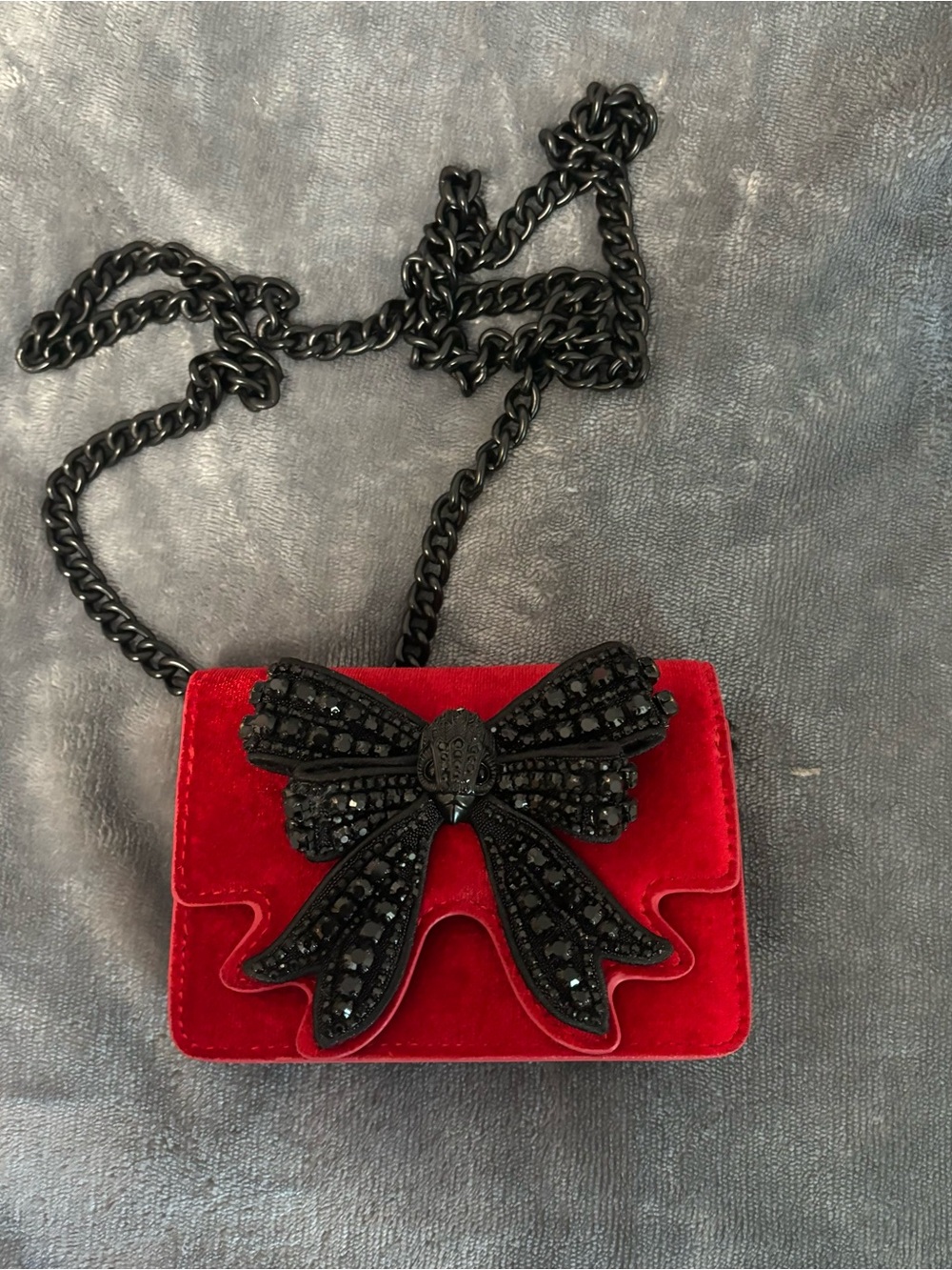 Kurt Geiger Red Velvet Mini Bag with Black Crystal Bow